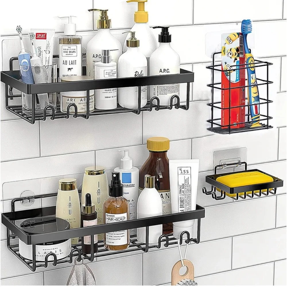 Shower🚿Caddy Shelves OrganizerRack w Hooks🪝Bathroom🛁Self Adhesive Black 4Pack